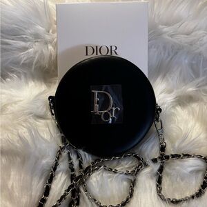 Dior Novelty Beauty Mini Round Vanity Pouch with Silver & Black Crossbody Chain